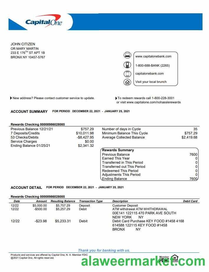 USA Capital One bank statement template in Word and PDF format, version 4